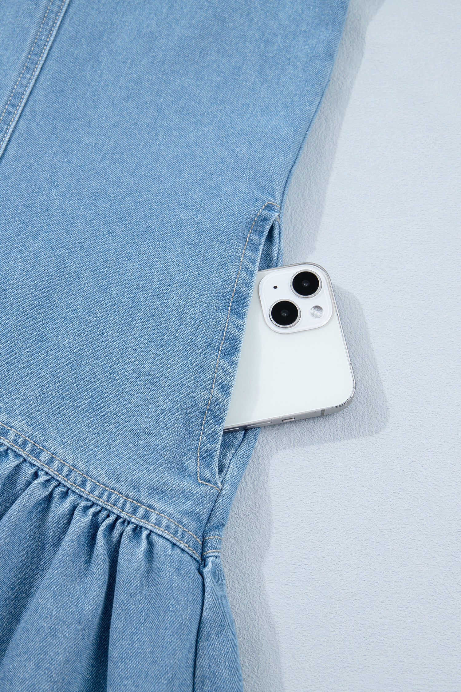 Beau Blue Button Down Short Puff Sleeve Ruffle Hem Patchwork Denim Dress-TOPS / DRESSES-[Adult]-[Female]-2022 Online Blue Zone Planet