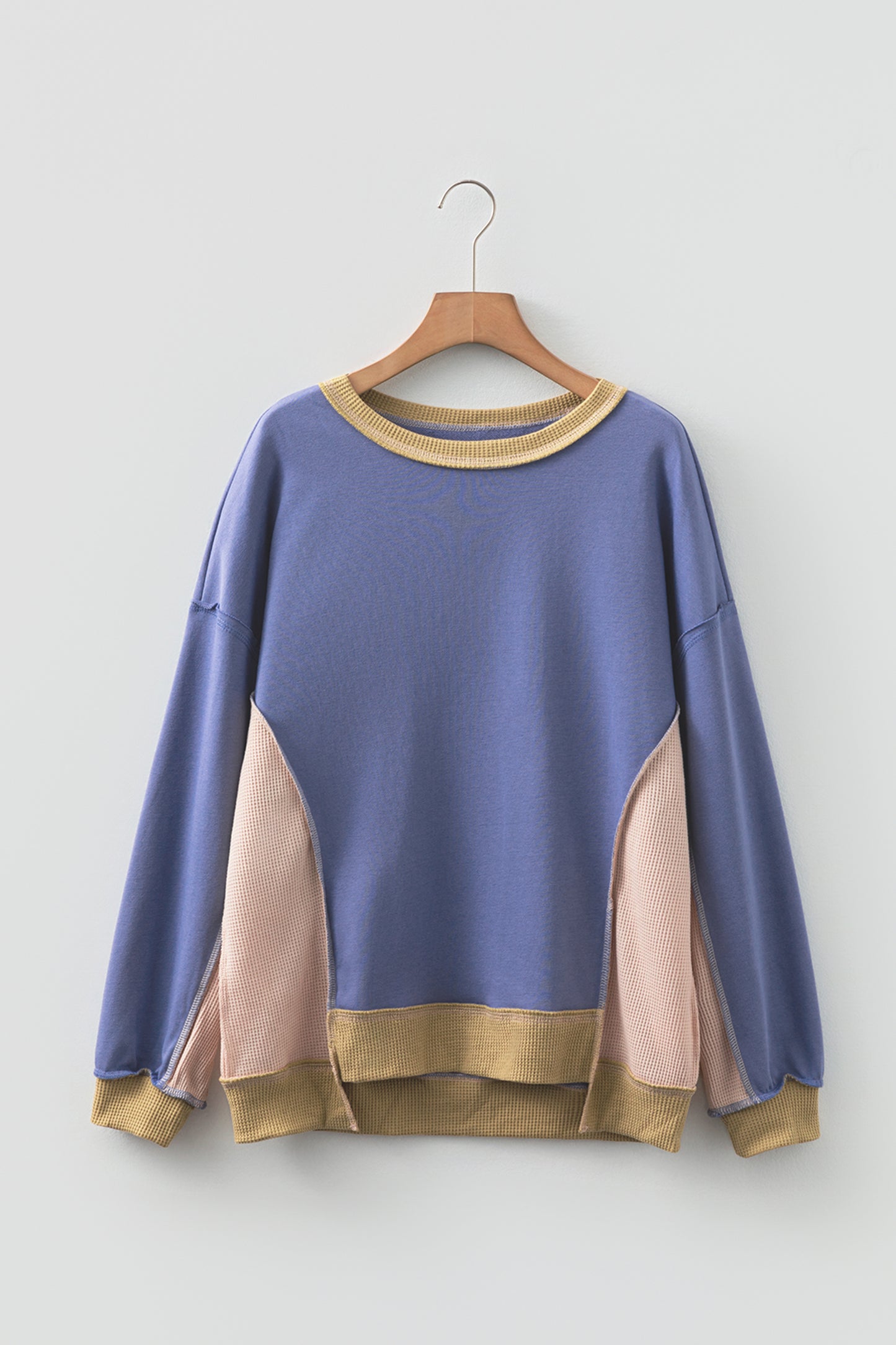 Wild Wind Color Block Mix Texture Waffle Patchwork Oversize Sweatshirt-Tops/Sweatshirts & Hoodies-[Adult]-[Female]-2022 Online Blue Zone Planet
