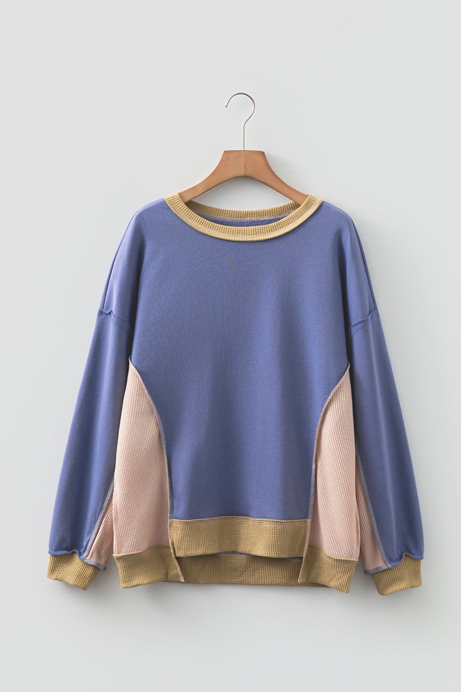 Wild Wind Color Block Mix Texture Waffle Patchwork Oversize Sweatshirt-Tops/Sweatshirts & Hoodies-[Adult]-[Female]-2022 Online Blue Zone Planet