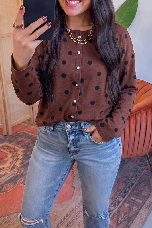 Brown Polka Dot Button Front Long Sleeve Casual Shirt-Tops/Blouses & Shirts-[Adult]-[Female]-Brown-S-2022 Online Blue Zone Planet