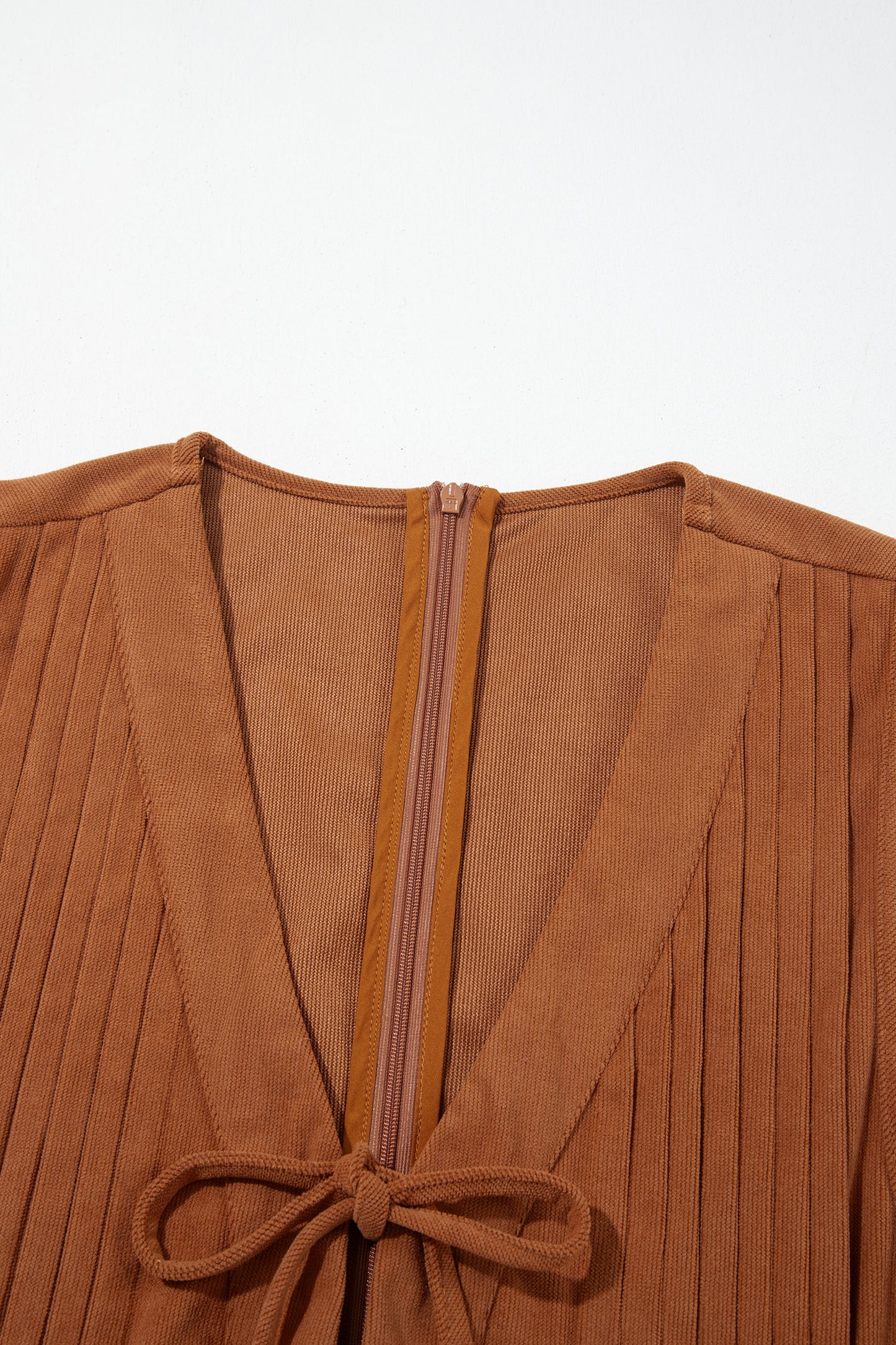 Cinnamon Solid Color Tie V Neck Sleeveless Corduroy Romper-Bottoms/Jumpsuits & Rompers-[Adult]-[Female]-2022 Online Blue Zone Planet