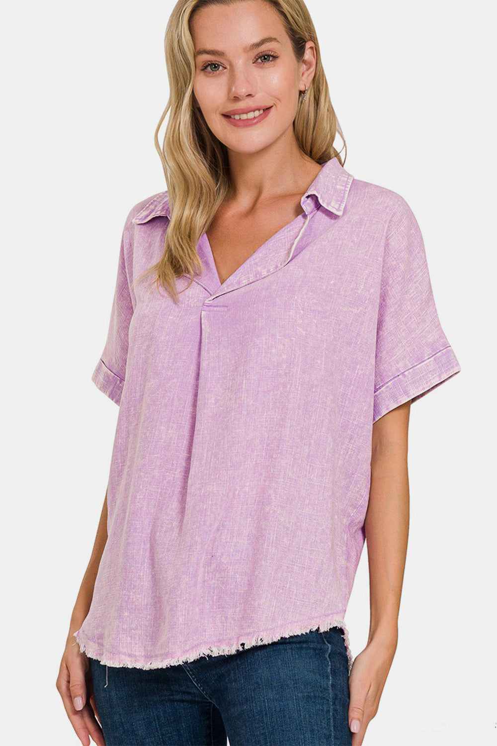 Blue Zone Planet | Zenana Washed Linen Raw Hem V-Neck Shirt-TOPS / DRESSES-[Adult]-[Female]-BLAVENDER-S-2022 Online Blue Zone Planet