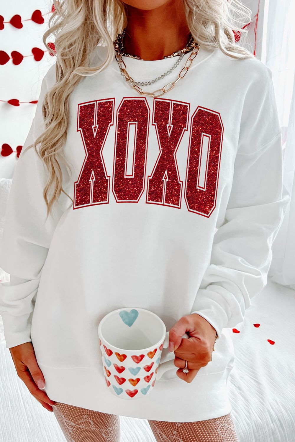 Valentine’s Day XOXO Glitter Round Neck Sweatshirt-TOPS / DRESSES-[Adult]-[Female]-White-S-2022 Online Blue Zone Planet