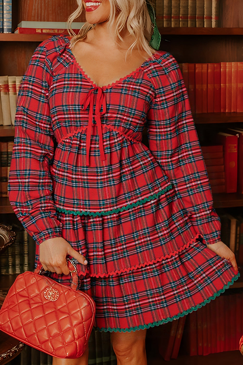 Red Plaid Print Ricrac Tiered Bubble Sleeve Mini Dress-TOPS / DRESSES-[Adult]-[Female]-2022 Online Blue Zone Planet