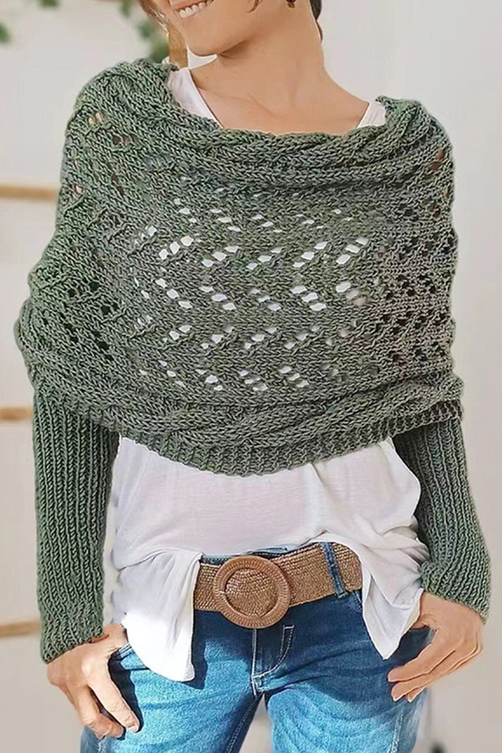 Gray Cross Detail Hollowed Knit Scarf with Sleeves-Accessories/Scarves-[Adult]-[Female]-Blackish Green-ONE SIZE-2022 Online Blue Zone Planet