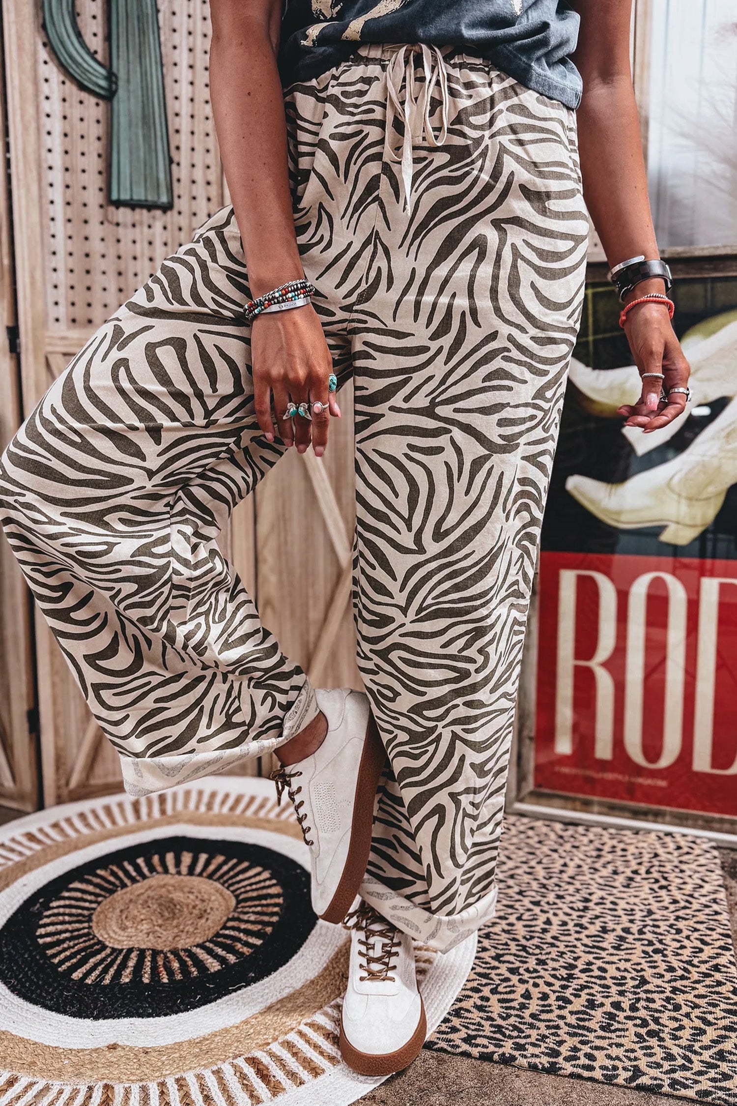 Multicolour Western Print Zebra Pattern Elastic Waist Pocket Full-Length Pants-Bottoms/Pants & Culotte-[Adult]-[Female]-2022 Online Blue Zone Planet