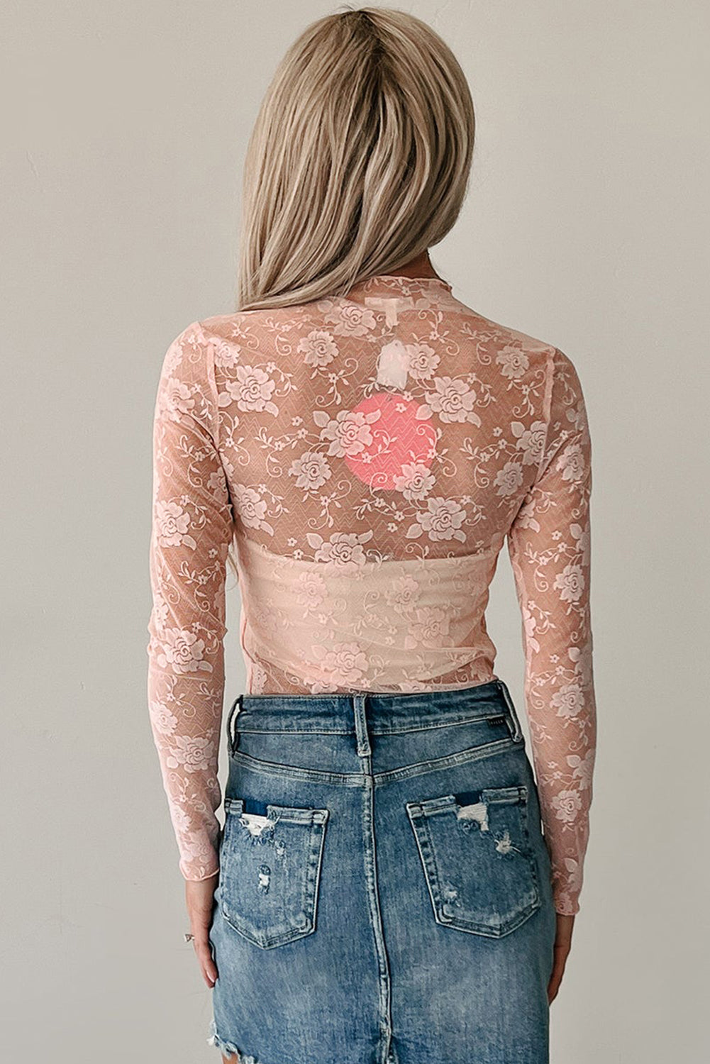 Apricot Pink Sheer Floral Lace Mesh Mock Neck Long Sleeve Top-Tops/Long Sleeve Tops-[Adult]-[Female]-2022 Online Blue Zone Planet