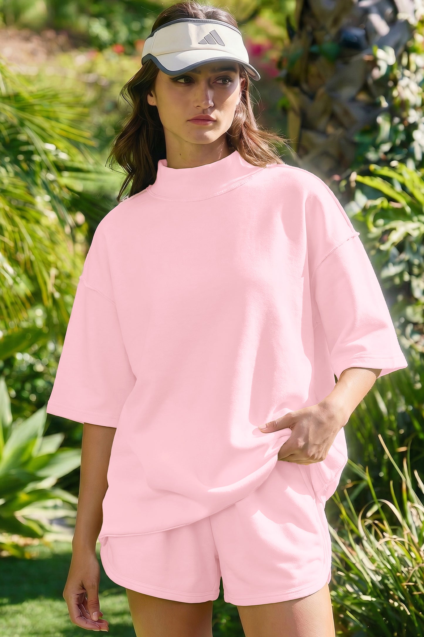 Light Pink Solid Color Exposed Seam Mock Neck Oversize Tee Casual Shorts 2pcs Outfit-Two Piece Sets/Short Sets-[Adult]-[Female]-2022 Online Blue Zone Planet