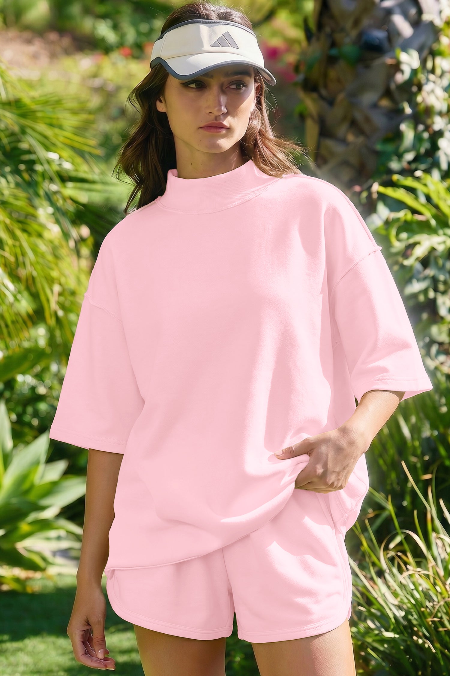 Light Pink Solid Color Exposed Seam Mock Neck Oversize Tee Casual Shorts 2pcs Outfit-Two Piece Sets/Short Sets-[Adult]-[Female]-2022 Online Blue Zone Planet