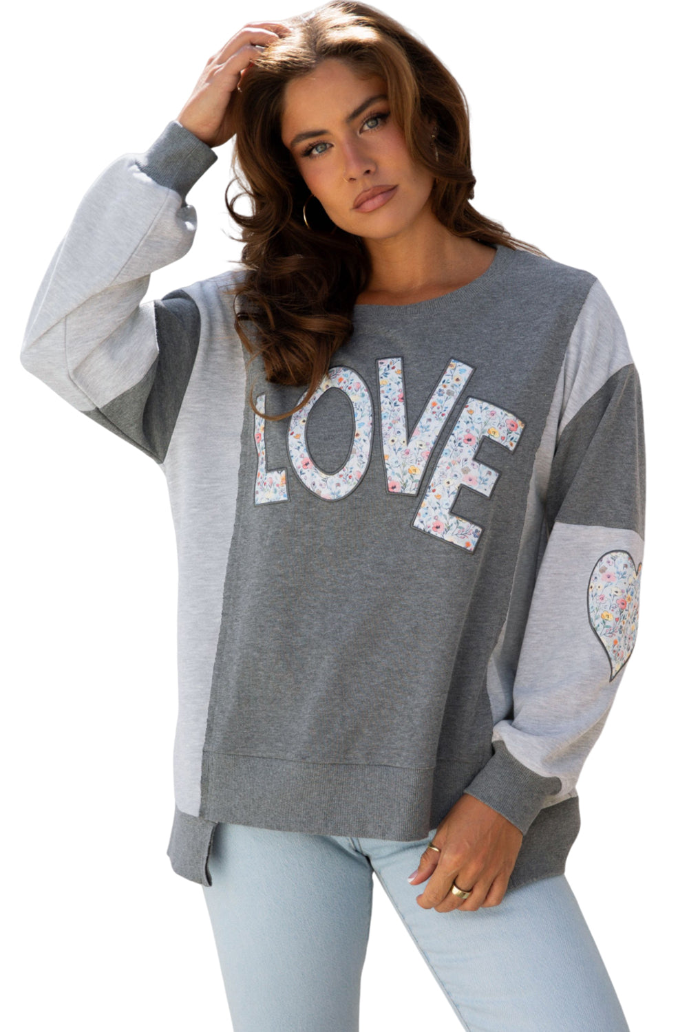 Dark Grey Love Graphic Exposed Seam Patchwork Uneven Hem Chic Sweatshirt-Tops/Sweatshirts & Hoodies-[Adult]-[Female]-2022 Online Blue Zone Planet