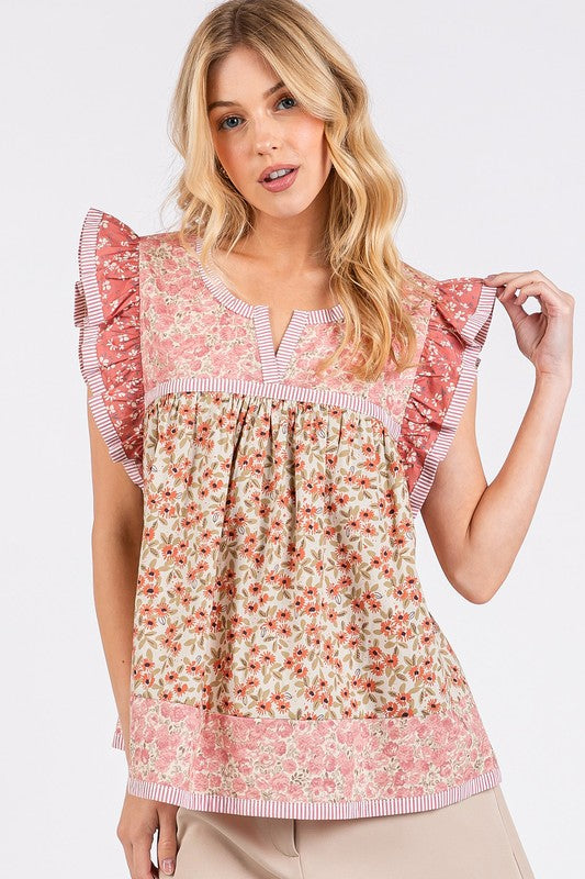Mittoshop Floral Notched Ruffled Cap Sleeve Blouse-TOPS / DRESSES-[Adult]-[Female]-Rose Pink-S-2022 Online Blue Zone Planet