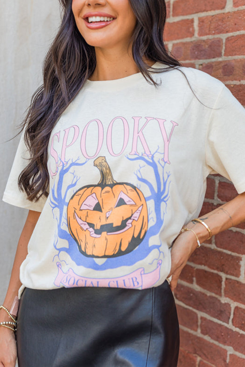 White SPOOKY Pumpkin Print Round Neck Halloween T Shirt-Graphic/Graphic Tees-[Adult]-[Female]-White-S-2022 Online Blue Zone Planet