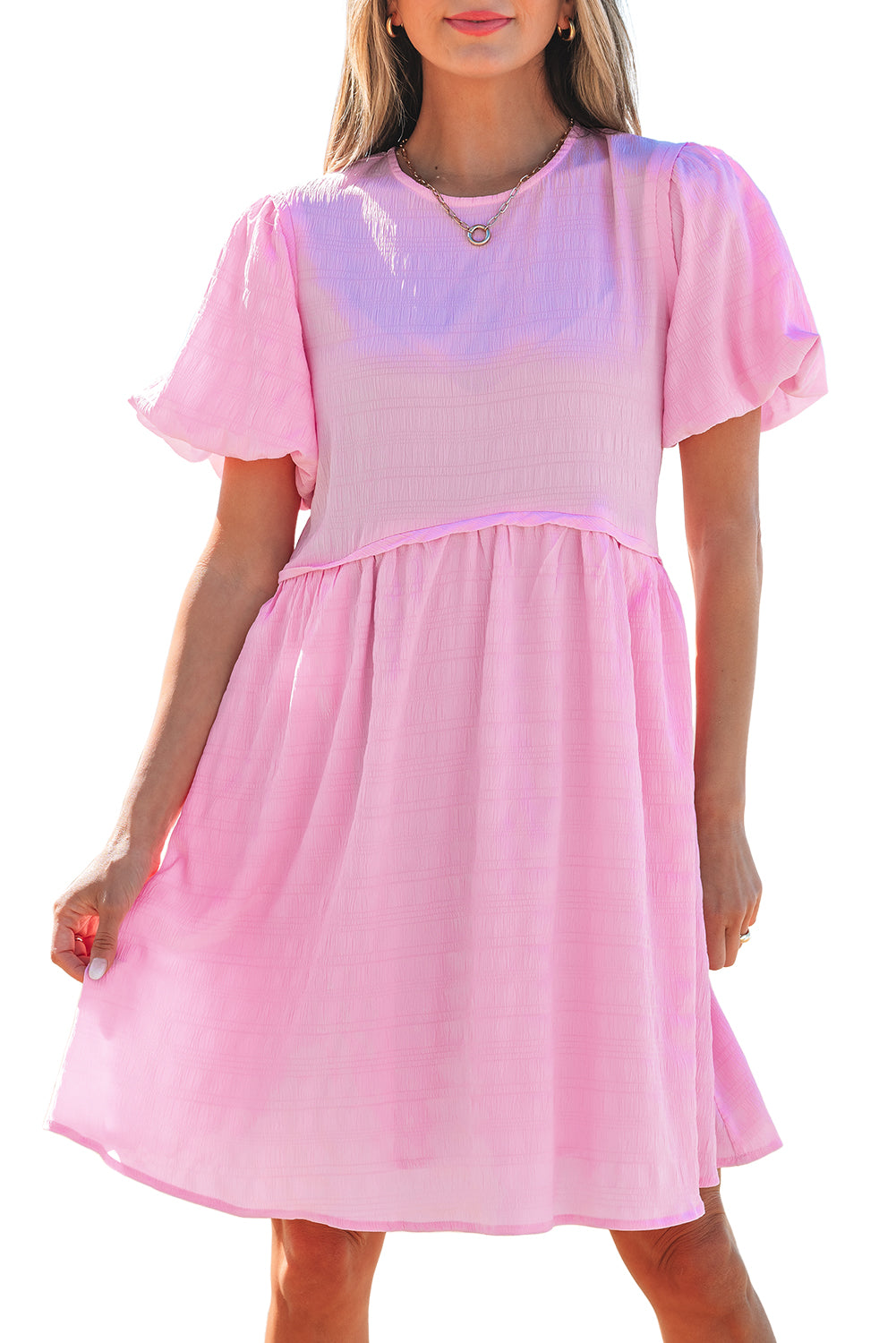 Bonbon Textured Bubble Sleeve High Waist Mini Dress-TOPS / DRESSES-[Adult]-[Female]-2022 Online Blue Zone Planet