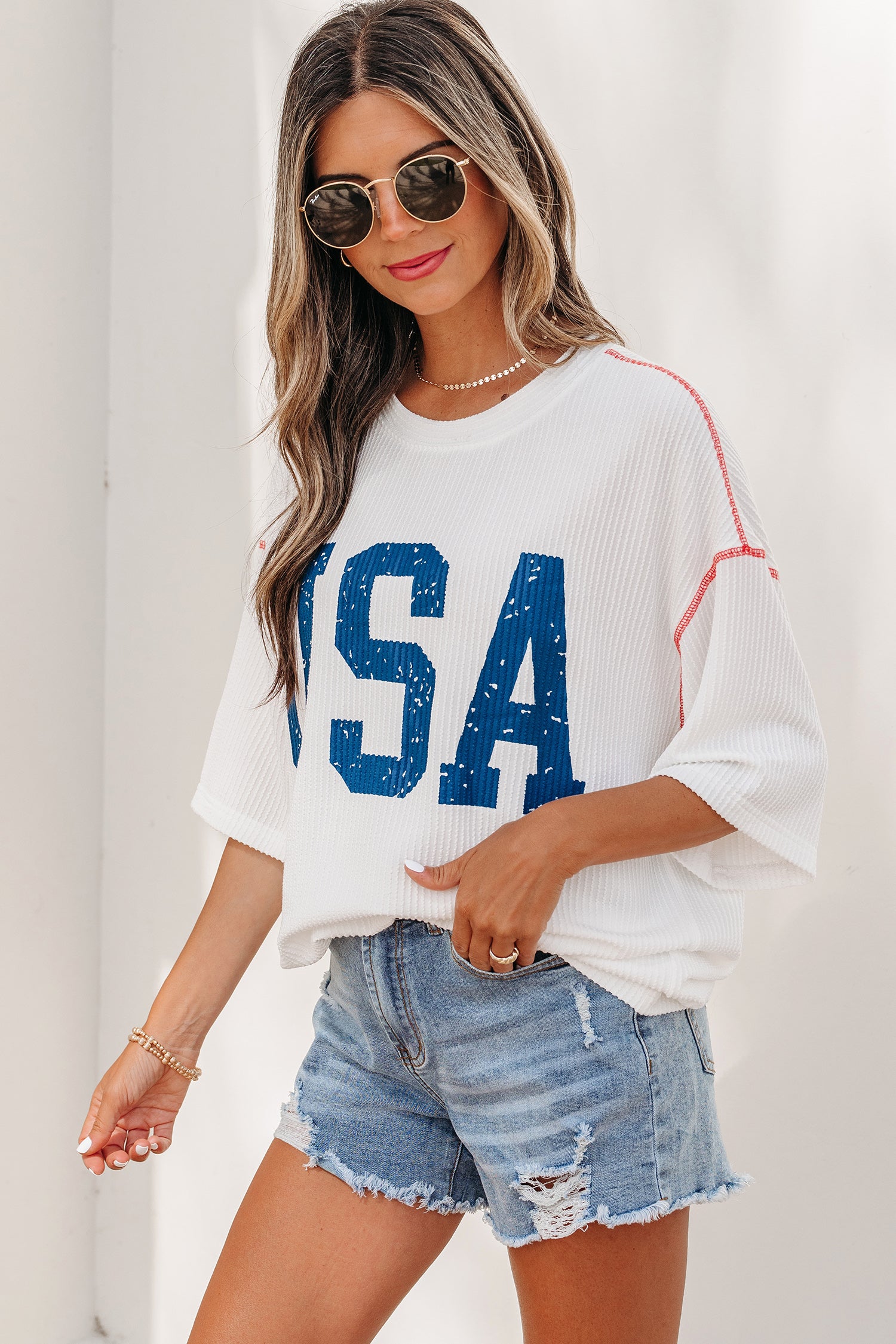 Fiery Red Usa Graphic Half Sleeve Loose Ribbed Top-Tops/Tops & Tees-[Adult]-[Female]-2022 Online Blue Zone Planet