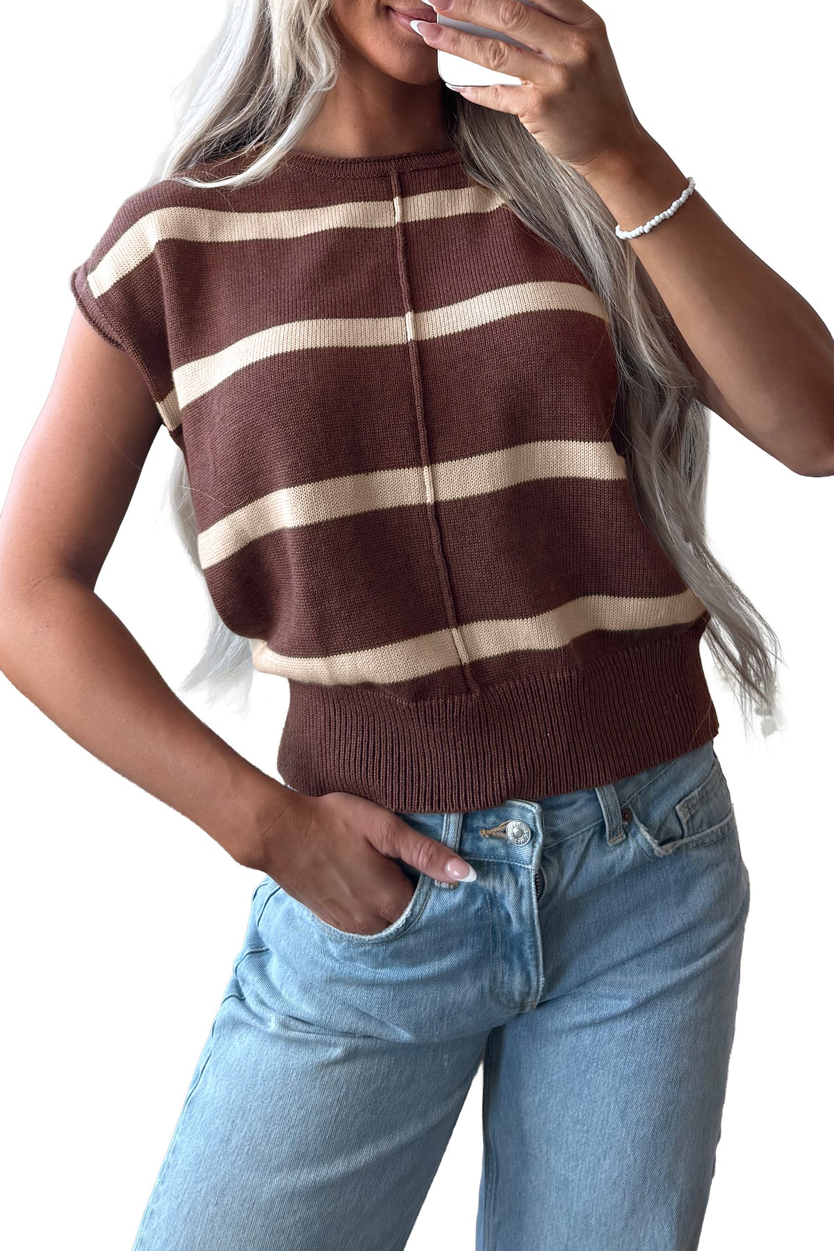 Brown Stripe Knit Western Short Sleeve Sweater-Sweaters & Cardigans/Short Sleeve Sweaters-[Adult]-[Female]-2022 Online Blue Zone Planet