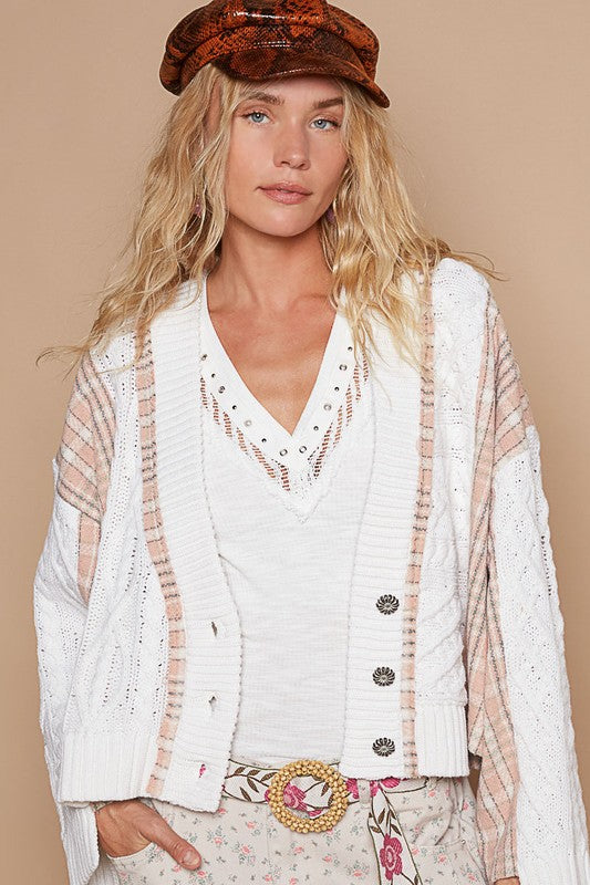 Blue Zone Planet | POL Cable-Knit Plaid V-Neck Button Up Cardigan-TOPS / DRESSES-[Adult]-[Female]-White-S-2022 Online Blue Zone Planet