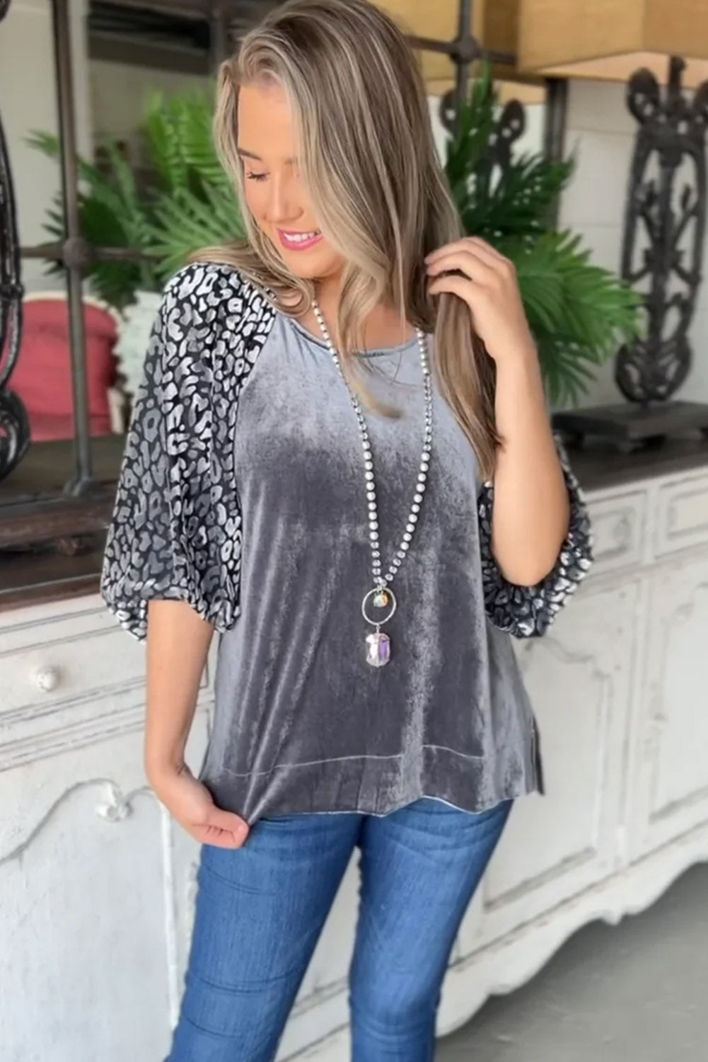 Medium Grey Leopard Splicing Lantern Sleeve Velvet Blouse-Tops/Blouses & Shirts-[Adult]-[Female]-2022 Online Blue Zone Planet