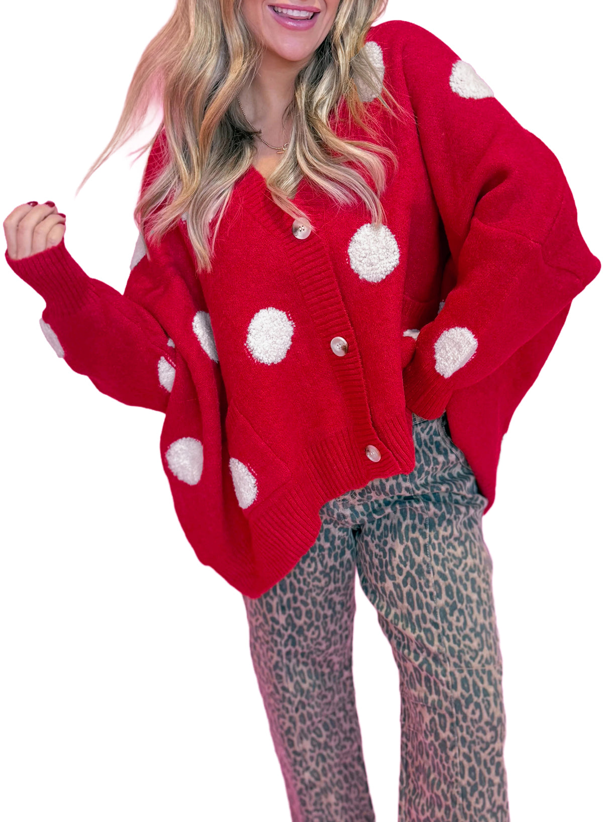 Beige Polka Dot Button Front Oversized V Neck Cardigan-Sweaters & Cardigans/Cardigans-[Adult]-[Female]-2022 Online Blue Zone Planet