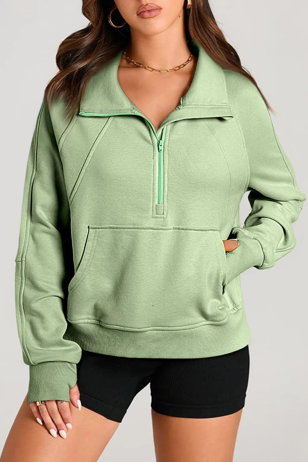 Half Zip Long Sleeve Sweatshirt-TOPS / DRESSES-[Adult]-[Female]-Gum Leaf-S-2022 Online Blue Zone Planet