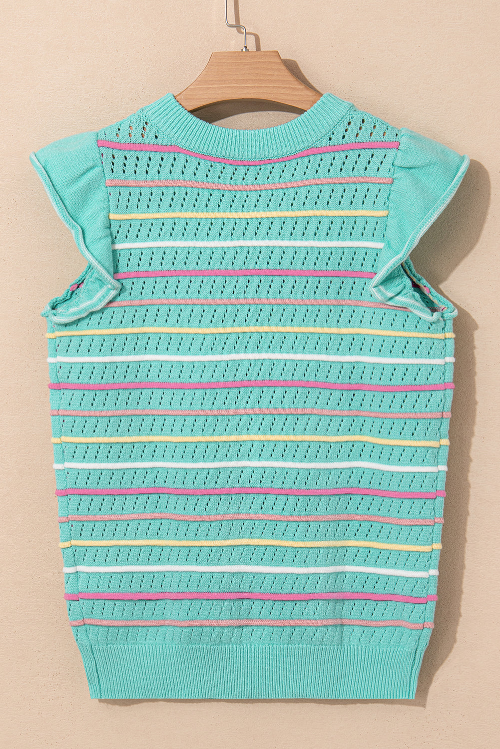 Green Colorful Striped Eyelet Knit Ruffled Sleeve Sweater T Shirt-TOPS / DRESSES-[Adult]-[Female]-2022 Online Blue Zone Planet