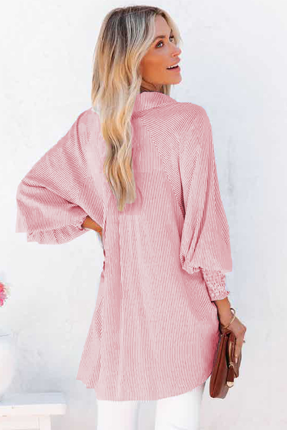 Blue Stripe Smocked Cuffed Striped Boyfriend Shirt With Pocket-Tops/Blouses & Shirts-[Adult]-[Female]-2022 Online Blue Zone Planet