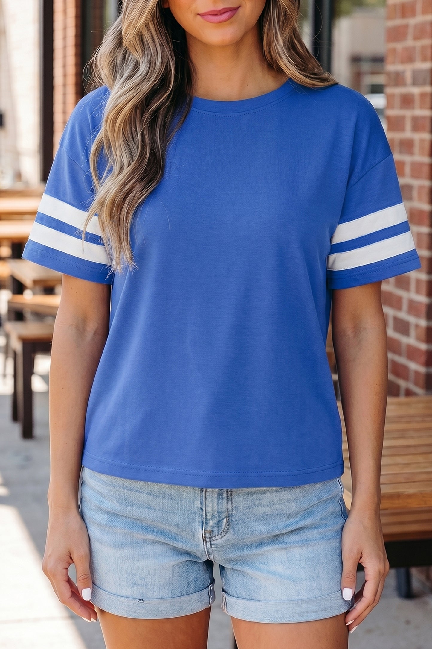 Dark Blue Varsity Striped Short Sleeve Crew Neck T Shirt-Tops/Tops & Tees-[Adult]-[Female]-2022 Online Blue Zone Planet