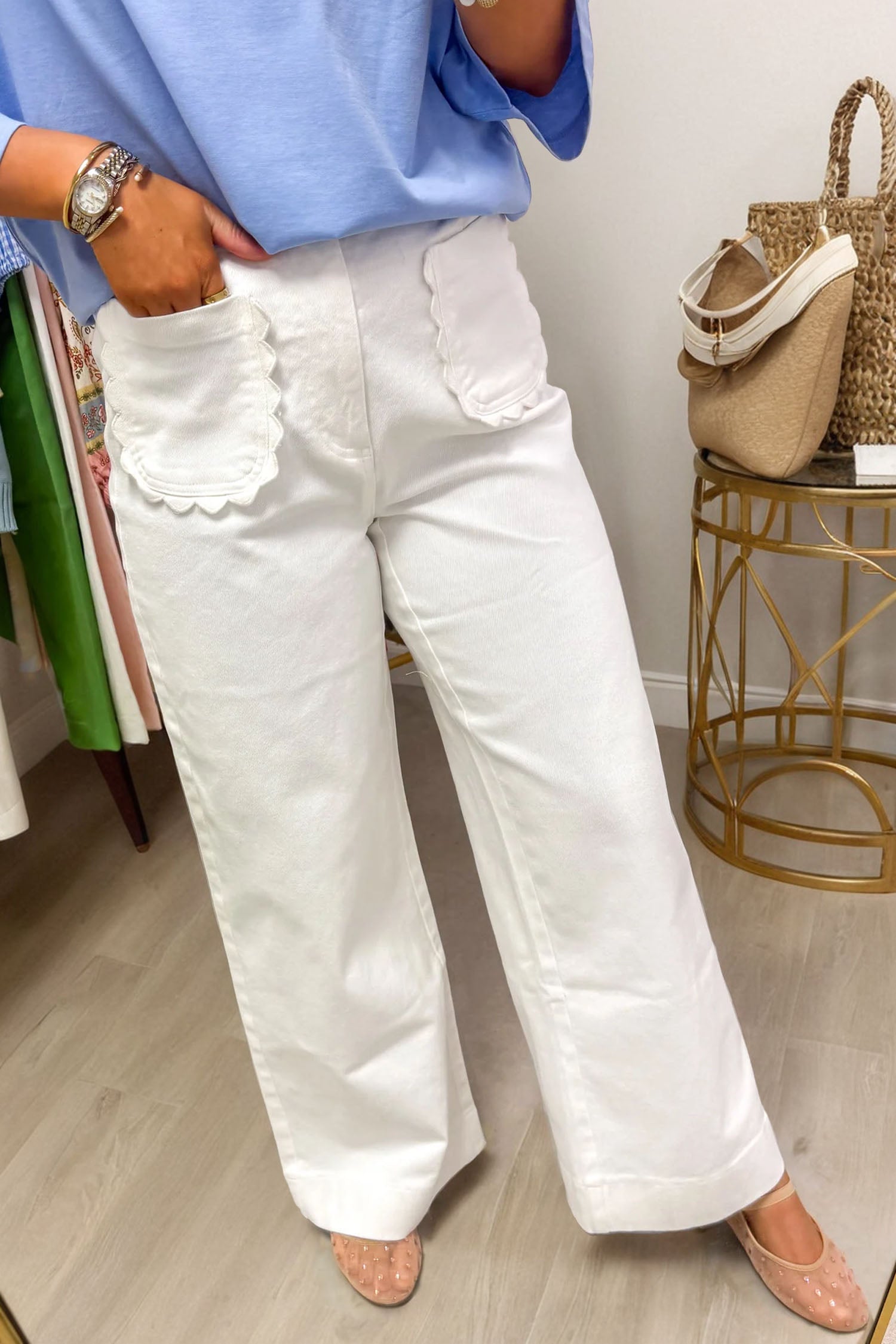 White Solid Color Scalloped Patch Pocket Shift Jeans-Bottoms/Jeans-[Adult]-[Female]-White-4-2022 Online Blue Zone Planet
