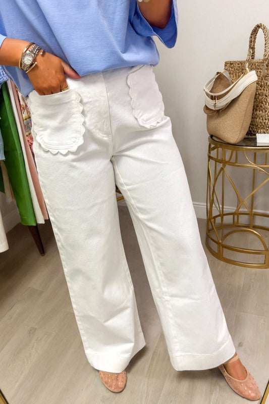 White Solid Color Scalloped Patch Pocket Shift Jeans-Bottoms/Jeans-[Adult]-[Female]-White-4-2022 Online Blue Zone Planet