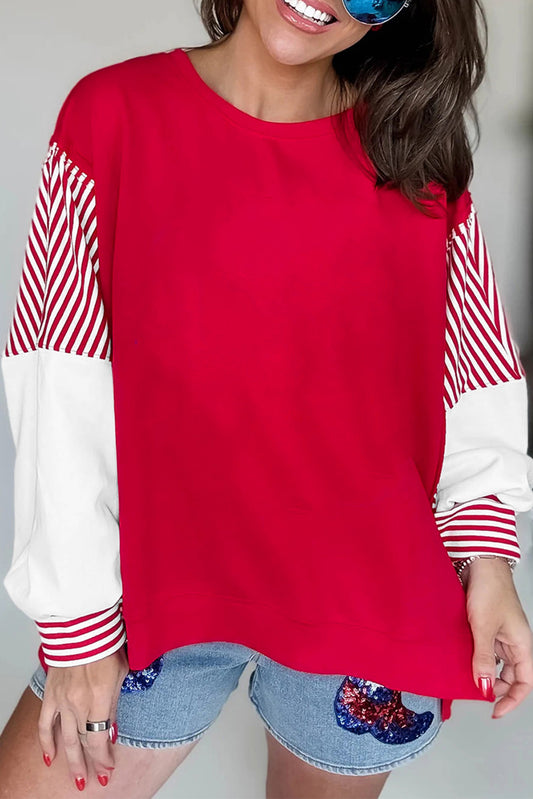 Fiery Red Striped Patchwork Sleeve Colorblock Sweatshirt-Tops/Sweatshirts & Hoodies-[Adult]-[Female]-Fiery Red-S-2022 Online Blue Zone Planet