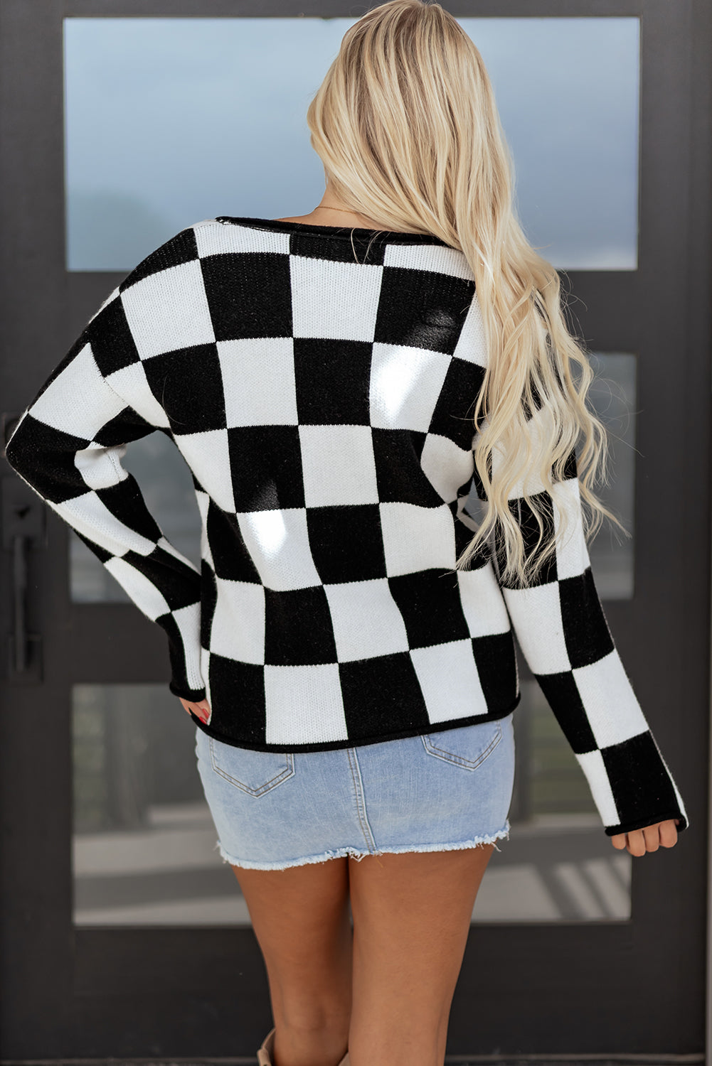 Black Checked Notched Neckline Drop Shoulder Knit Sweater-TOPS / DRESSES-[Adult]-[Female]-2022 Online Blue Zone Planet