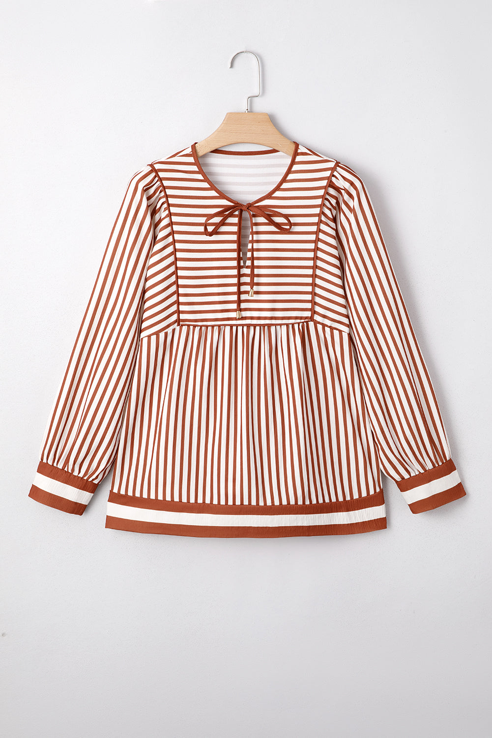 Brown Stripe Babydoll Long Sleeve Blouse-Tops/Blouses & Shirts-[Adult]-[Female]-2022 Online Blue Zone Planet