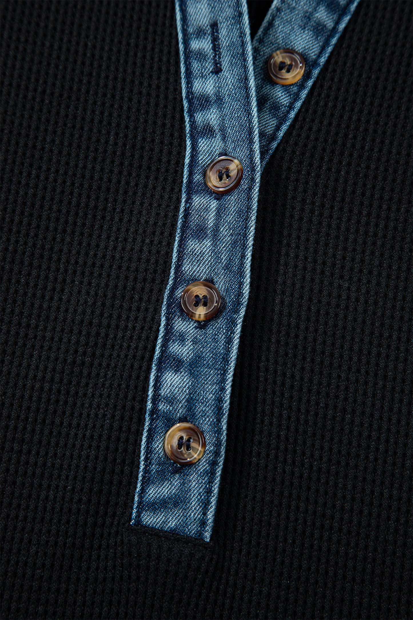 Black Waffle Knit Denim Contrast Trim Patchwork Button Polo Tee Dress