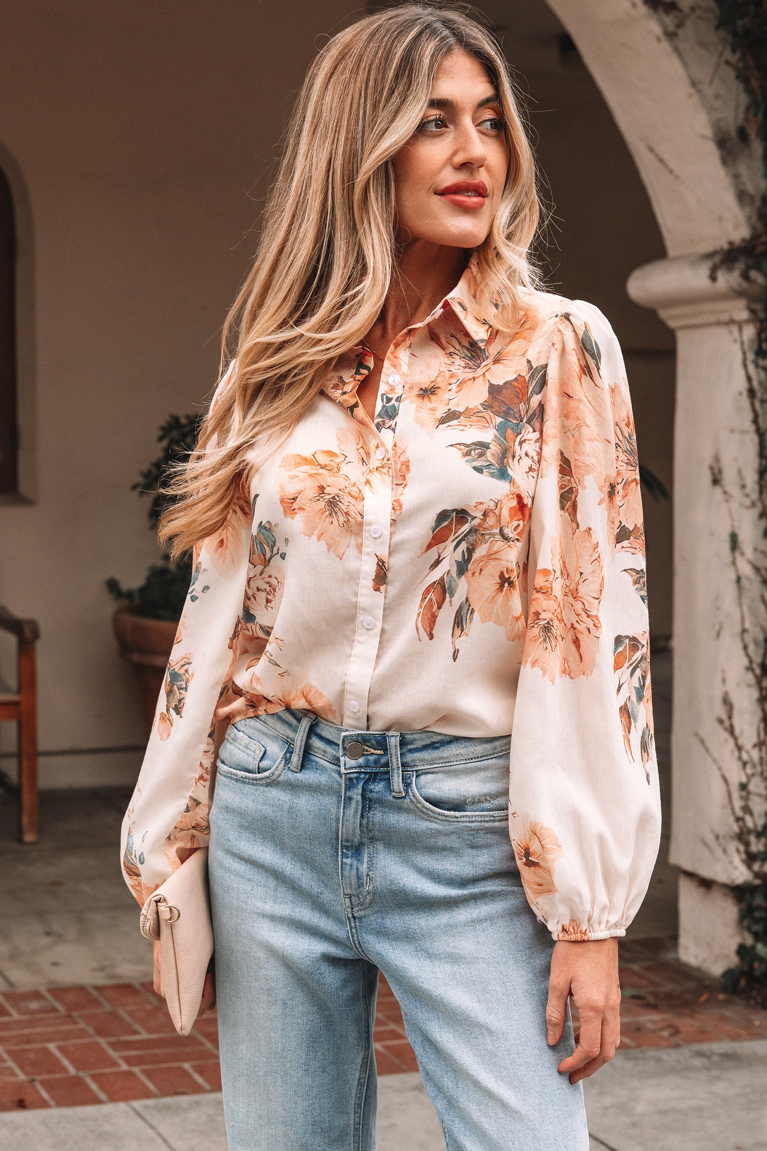 Orange Floral Puff Sleeve Lightweight Shirt-Tops/Blouses & Shirts-[Adult]-[Female]-2022 Online Blue Zone Planet