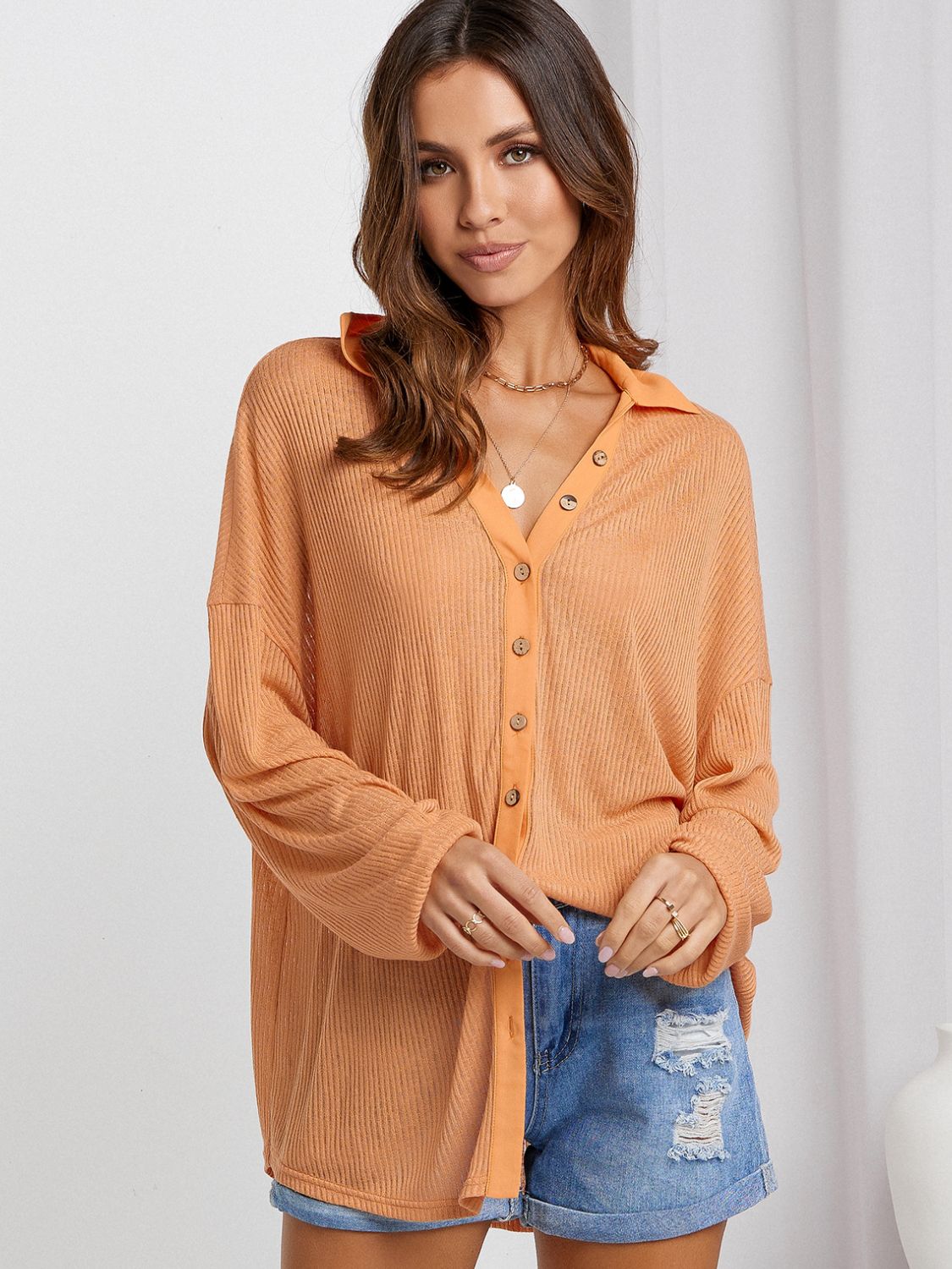 Blue Zone Planet | Collared Neck Button Down Long Sleeve Shirt-TOPS / DRESSES-[Adult]-[Female]-2022 Online Blue Zone Planet