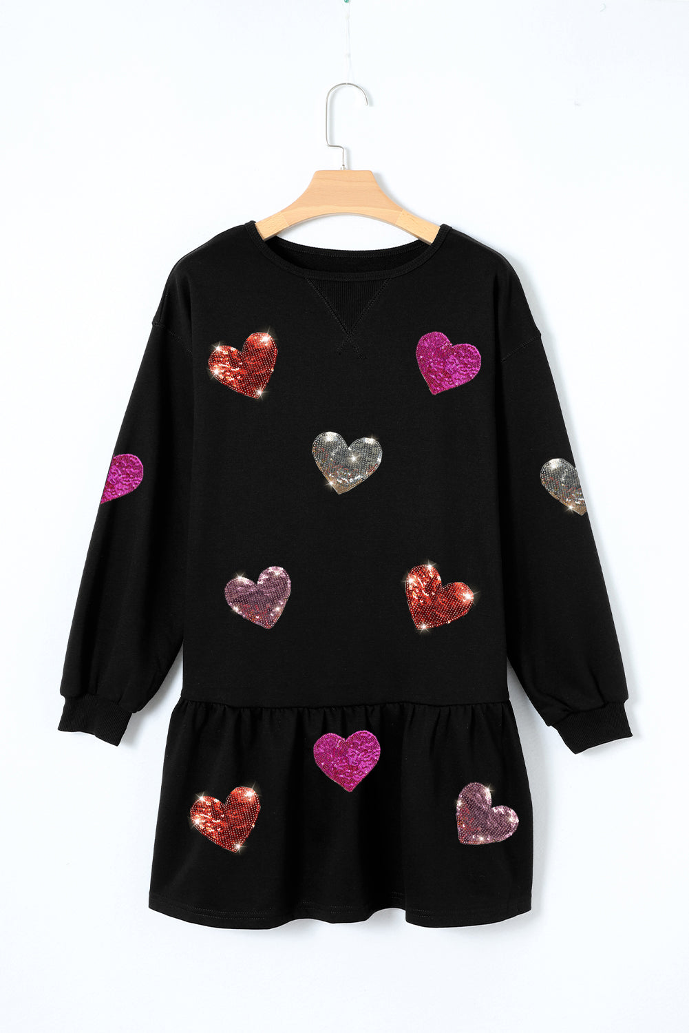 Black Shiny Heart Graphic Ruffled Knit Mini Dress-Graphic Apparel-[Adult]-[Female]-2022 Online Blue Zone Planet