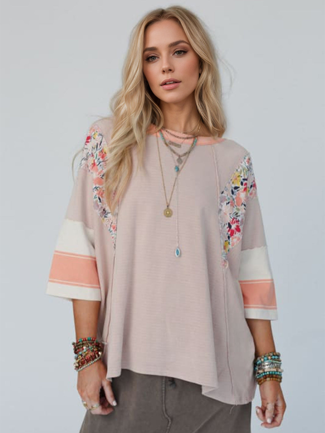 Color Block Printed Three-Quarter Sleeve Top-TOPS / DRESSES-[Adult]-[Female]-Dusty Pink-S-2022 Online Blue Zone Planet