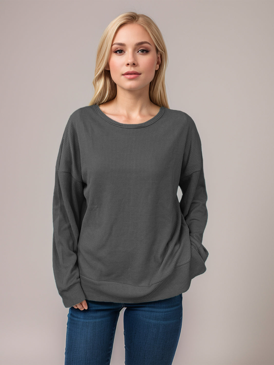 Blue Zone Planet | Side Slit Round Neck Long Sleeve T-Shirt-TOPS / DRESSES-[Adult]-[Female]-Dark Gray-S-2022 Online Blue Zone Planet