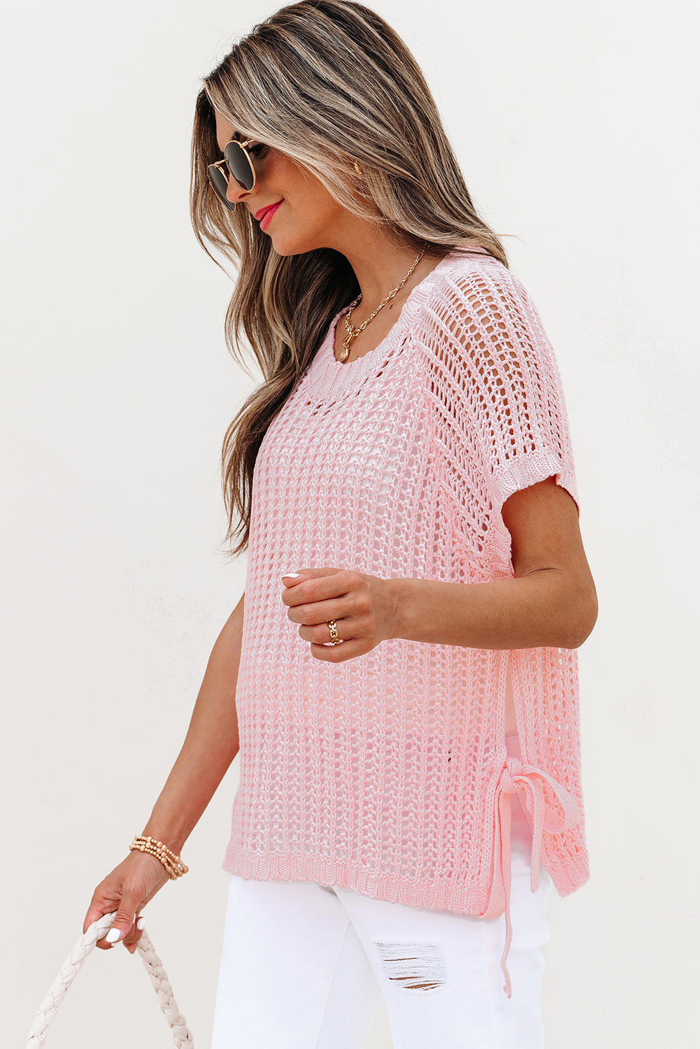 Pink Hollow-Out Crochet Side Tied Short Sleeve Sweater-TOPS / DRESSES-[Adult]-[Female]-2022 Online Blue Zone Planet