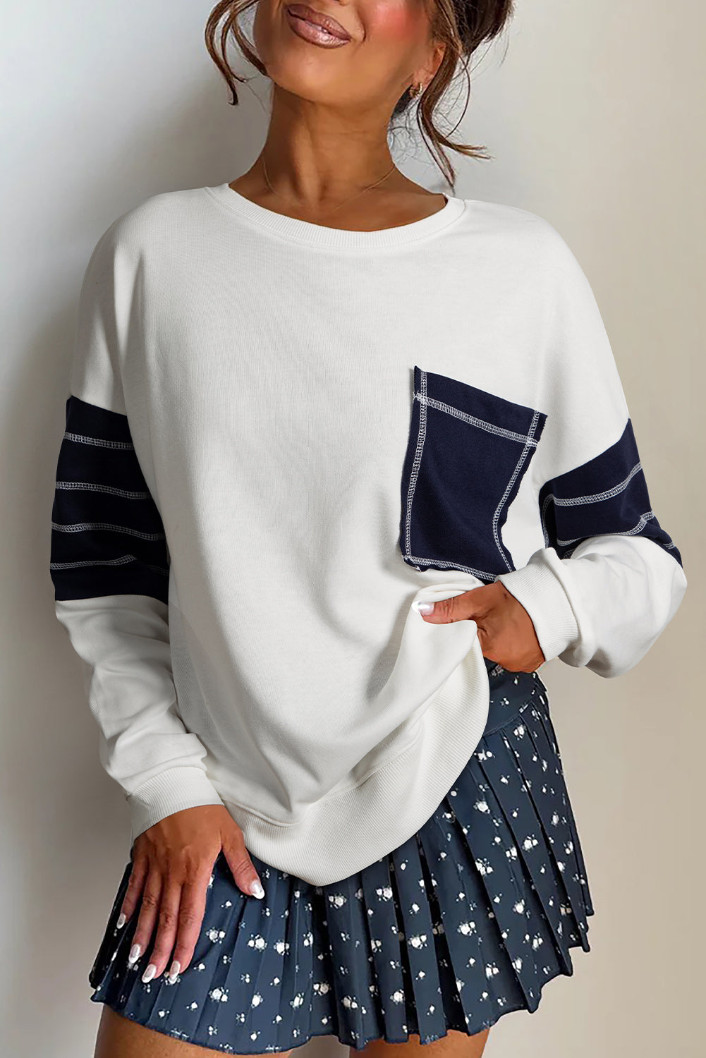 White Exposed Seam Detail Color Block Patch Pocket Drop Shoulder Sweatshirt-Tops/Sweatshirts & Hoodies-[Adult]-[Female]-White-S-2022 Online Blue Zone Planet