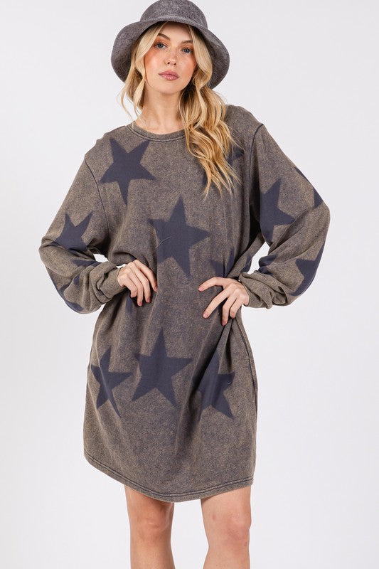 Blue Zone Planet | SAGE + FIG Washed Star Print Round Neck Dress-TOPS / DRESSES-[Adult]-[Female]-2022 Online Blue Zone Planet