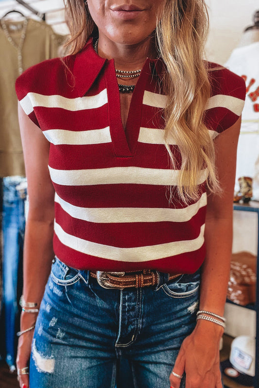Red Stripe Collared Split Neck Sweater Vest-Sweaters & Cardigans/Sweater Vests-[Adult]-[Female]-Red Stripe-S-2022 Online Blue Zone Planet
