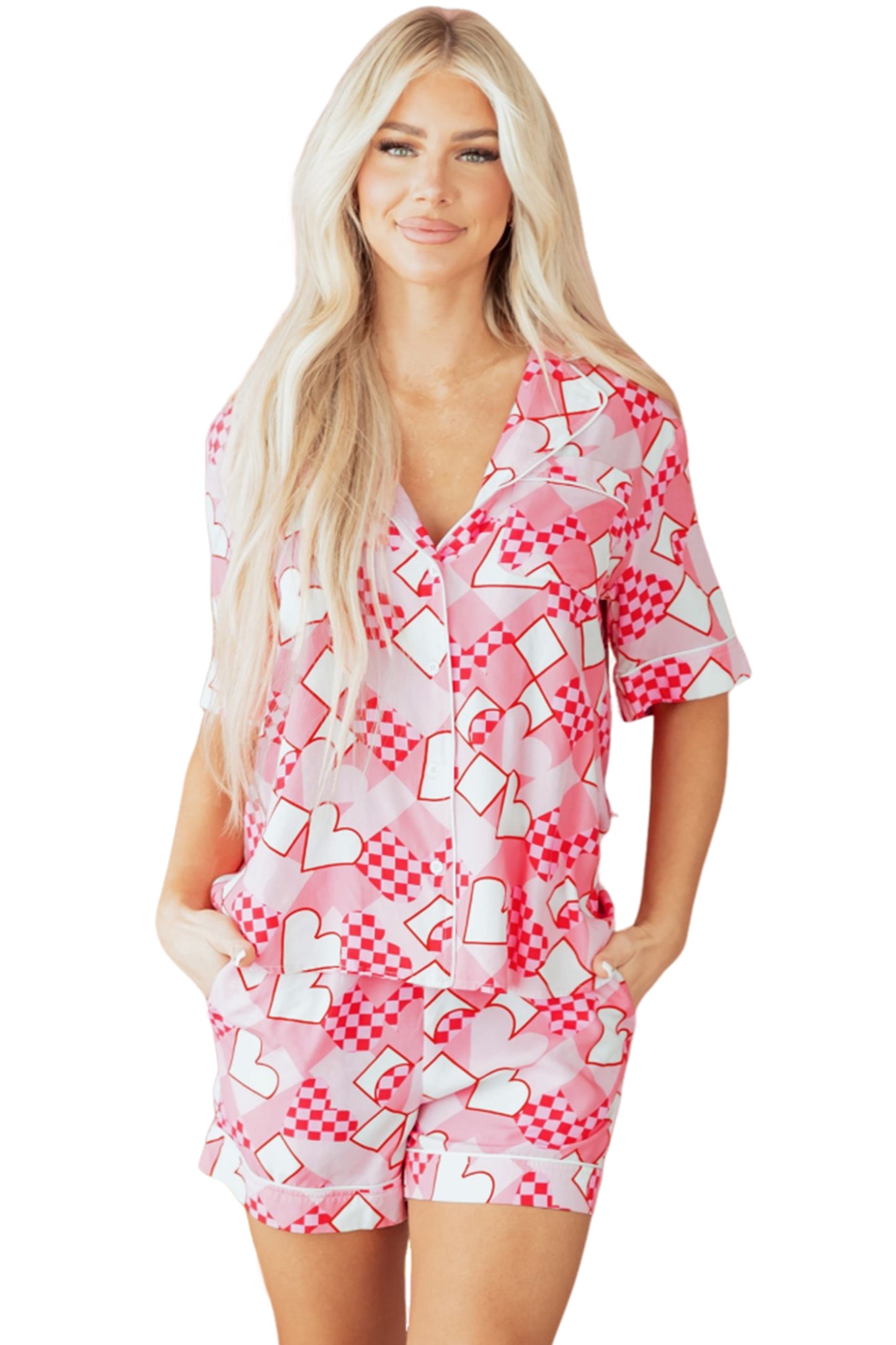 Pink Heart Print Shirt Style Silky Short Pajama Set-Loungewear & Sleepwear/Sleepwear-[Adult]-[Female]-2022 Online Blue Zone Planet