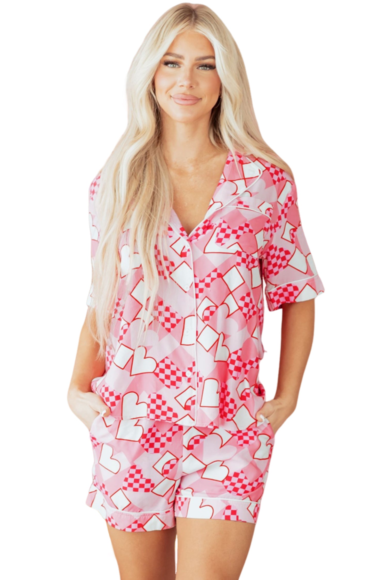 Pink Heart Print Shirt Style Silky Short Pajama Set-Loungewear & Sleepwear/Sleepwear-[Adult]-[Female]-2022 Online Blue Zone Planet
