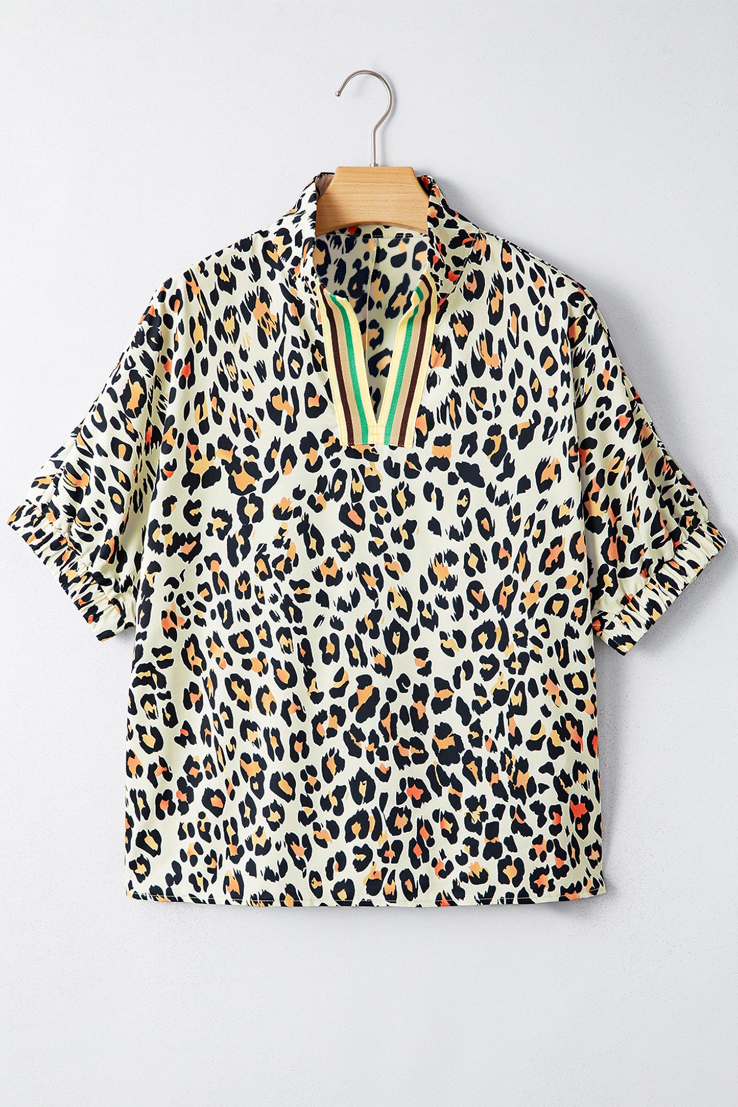 Khaki Leopard Color Block Contrast Striped V Neck Half Sleeve Loose Fit Blouse-Tops/Blouses & Shirts-[Adult]-[Female]-2022 Online Blue Zone Planet
