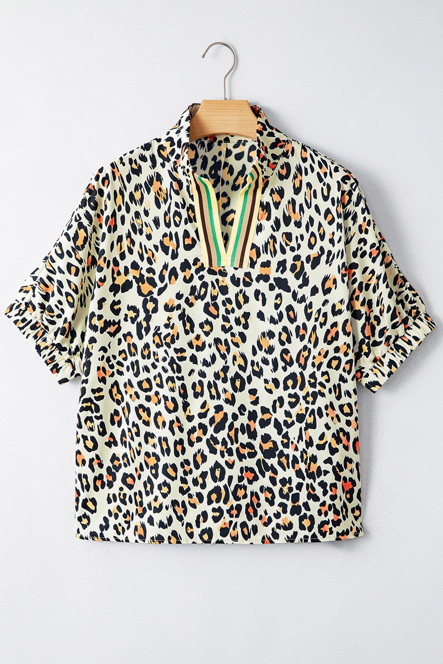 Khaki Leopard Color Block Contrast Striped V Neck Half Sleeve Loose Fit Blouse-Tops/Blouses & Shirts-[Adult]-[Female]-2022 Online Blue Zone Planet