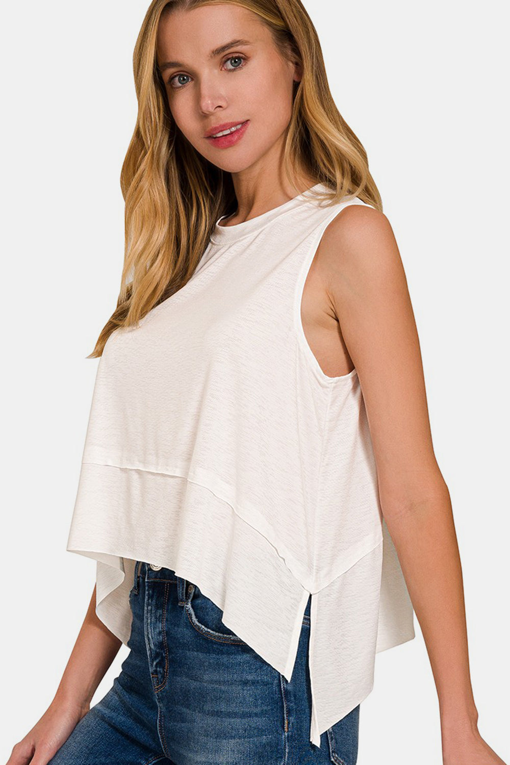 Blue Zone Planet | Zenana Slit High-Low Round Neck Tank-TOPS / DRESSES-[Adult]-[Female]-Ivory-S-2022 Online Blue Zone Planet