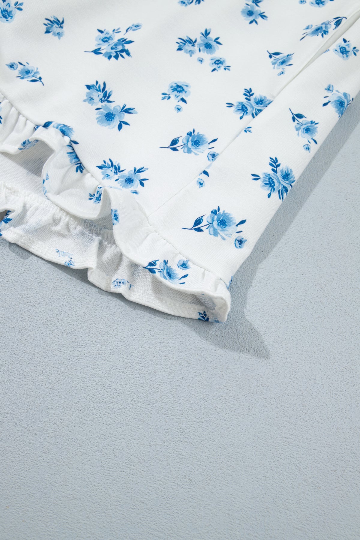 Sky Blue Floral Print Long Sleeve Top Elastic Waist Ruffle Hem Shorts 2pcs Set-Two Piece Sets/Short Sets-[Adult]-[Female]-2022 Online Blue Zone Planet