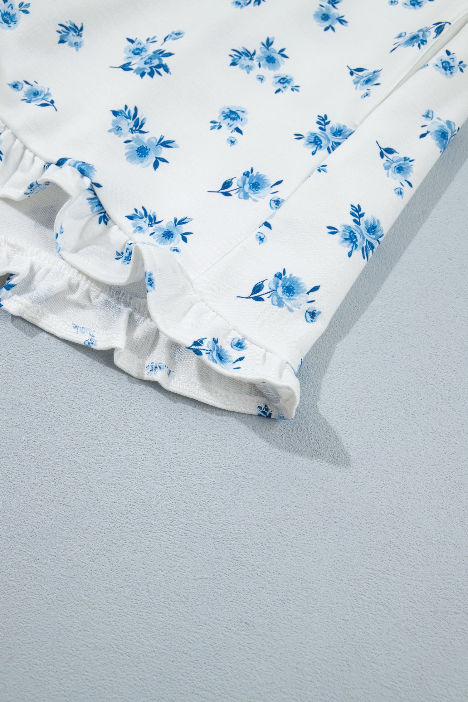 Sky Blue Floral Print Long Sleeve Top Elastic Waist Ruffle Hem Shorts 2pcs Set-Two Piece Sets/Short Sets-[Adult]-[Female]-2022 Online Blue Zone Planet
