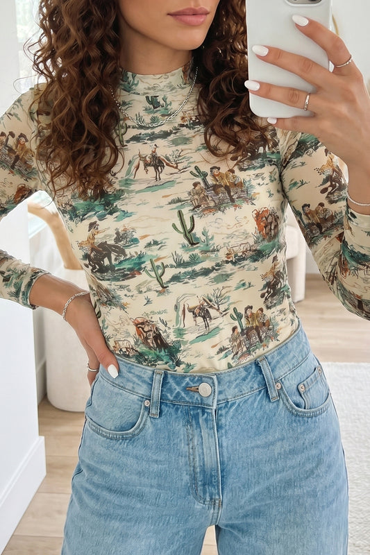 Green Western Print Long Sleeve Round Neck Slim Top-Tops/Long Sleeve Tops-[Adult]-[Female]-Green-S-2022 Online Blue Zone Planet