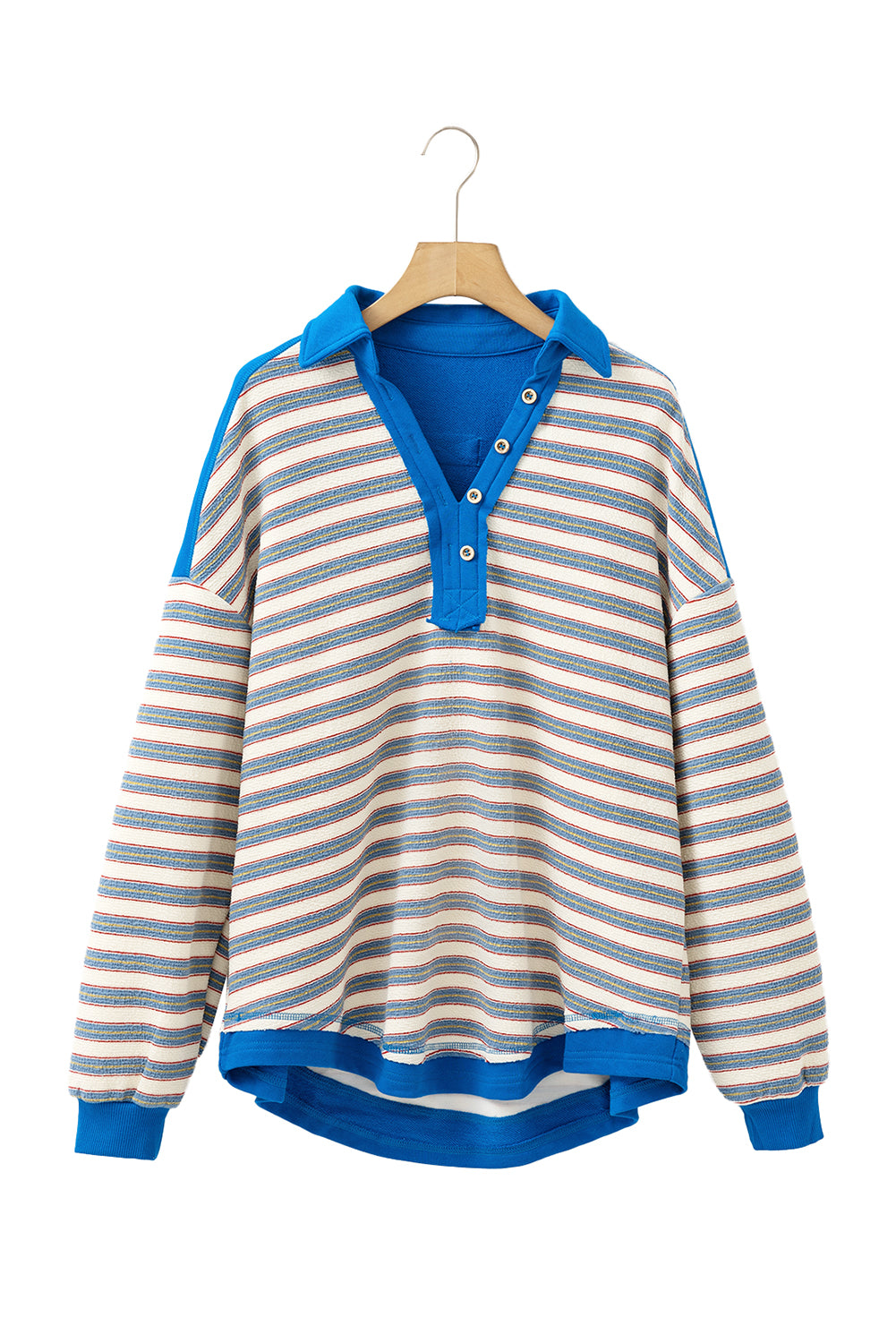 Pink Stripe Collared V Neck Drop Shoulder Top-Long Sleeve Tops-[Adult]-[Female]-2022 Online Blue Zone Planet